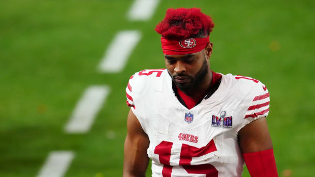 Feb 11, 2024; Paradise, Nevada, USA; San Francisco 49ers wide receiver Jauan Jennings (15) leaves the field after losing to the Kansas City Chiefs during overtime in Super Bowl LVIII at Allegiant Stadium. Mandatory Credit: Stephen R. Sylvanie-USA TODAY Sports